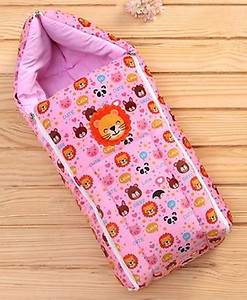 Babyhug Velvet Lion Print Sleeping Bag for Babies 0-6 Months, Comfortable & Soft - Pink (L 35 x H 65 cm) Freeoffer