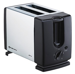 Bajaj ATX 3 700-Watt Pop-up Toaster, 2-Slice Automatic Pop up Toaster with Dust Cover & Slide Out Crumb Tray, 6-Level Browning Controls, 2 Year Warranty, Black/Silver Electric Toaster price in India.
