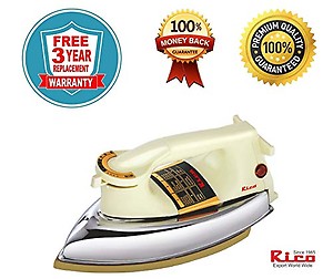 Rico Super Heavy Weight Dry Iron | 2 Years Replacement Warranty | Japanese Quick Heat Technology Iron Press | Iron box for Clothes | Shock Proof Iron (White, 1000 Watts, 2 KG) I Made In India price in India.