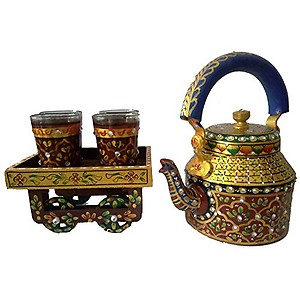 iHandikart Handicrafts Handpainted Tea Kettle with 4 Glass 1 Thela Cart (Multicolour), For Diwali Gift & Serving price in India.