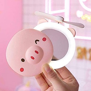 EYUVAA LABEL Cute Mini Portable Handheld Fan with LED Fill Light Makeup Mirror,USB Rechargeable Battery Operated Electric Personal Fan for Office, Home, Traveling, Outdoor (Pig) price in India.