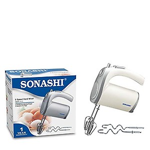 Sonashi Hand Mixer Blender SMX-111 250 W | 5 Variable Speed Control | Easy to Clean and Store | Two Pairs of Beater and Hooks Dough/Stainless Steel Blade price in India.