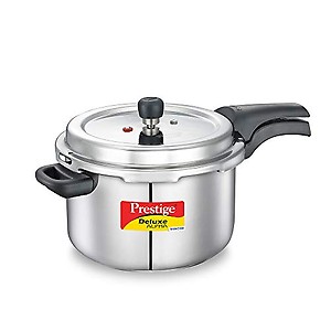Prestige 6.5 Litres Deluxe Alpha Svachh Induction Base Outer Lid Stainless Steel Pressure Cooker | Deep lid controls spillage| Silver | Pressure Indicator | Gasket-Release System | Anti-Bulge Base price in India.