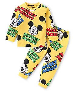 Babyhug Disney Single Jersey Knit Full Sleeves Night Suit With Mickey Mouse Graphics - Yellow Freeoffer
