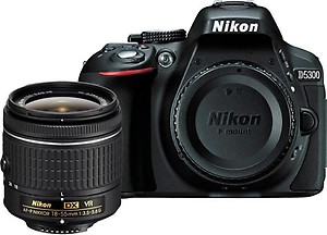 Nikon D5300 24.2MP Digital SLR Camera (Black) with AF-P 18-55mm f/ 3.5-5.6g VR Kit Lens, 16GB Card and Camera Bag price in India.