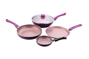 Wonderchef Royal Velvet Non-stick 5-pcs Cookware Set Fry Pan with Lid, Kadhai, Dosa Tawa, Mini Fry Pan|Induction Ready|Soft-touch handles|Non Toxic IVirgin Aluminium|3 mm thick|2 years warranty|Purple price in India.