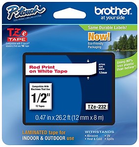Brother Laminated Tape Red on White, 12mm (TZe232) - Retail Packaging by Brother price in India.