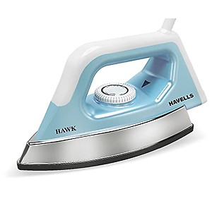 Havells ABS Hawk 1100 Watt Heavy Weight Dry Iron With American Heritage Non Stick Sole Plate, Aerodynamic Design, Easy Grip Temperature Knob & 2 Years Warranty. (Blue & White), 1100 Watts price in India.
