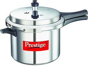 Prestige Popular Plus 5L aluminium pressure cooker|Ideal for 5-7 person|Deep lid for spillage control|Gas & induction compatible|Mini Metallic Safety Plug|Controlled Gasket-Release System|5Y warranty price in India.