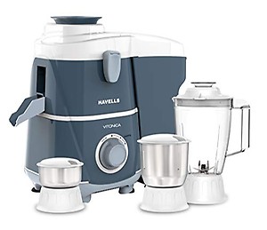 Havells Vitonica 500W Juicer Mixer Grinder with 3 Stainless Steel Jar, Large Size Pulp Container,Foldable Juicing Spout, 2 Yr Product & 5 Yr Motor Manufacturer Warranty (White & Blue) price in India.