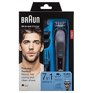 Braun 9-in-1 All-in-one Trimmer 5 MGK5280, Beard Trimmer for Men, Hair Clipper and Body Groomer with Autosensing Technology, 13 length settings, 100 min run time and 7 Attachments, Black/Blue price in India.