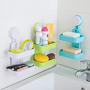 KPS Plastic Double Layer Soap Box Suction Cup Holder Rack Bathroom Shower Soap Dish Hanging Tray Soap Holder Storage Holders price in India.