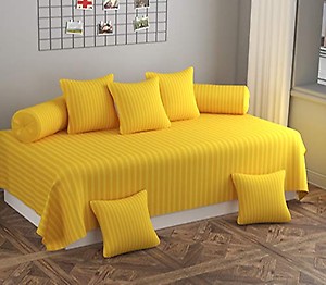 Comfort Lifestyle 240 TC High Pitched Satin Stripes Glace Cotton Diwan - 1 Single Bedsheet with 5 Cushion Covers and 2 Bolster Covers For Decorations (Yellow, Full) Set of 8 Pieces