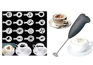 ExcitingDealz Electric Handle Beater Blender for Coffee, Milk, Egg Mix with 16 Piece Creative Nice Barista Template Strew Pad, Duster Spray Art (Random Style) price in India.