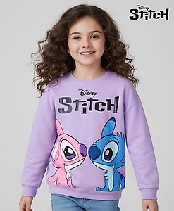 Pine Kids Disney Terry Knit Drop Shoulder Full Sleeves Sweatshirt With Stitch & Angel Graphics - Lavender Freeoffer