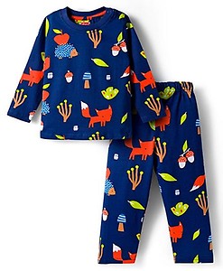 Babyhug Cotton Knit Full Sleeves Pajama Set with Fox Print - Navy Blue Freeoffer