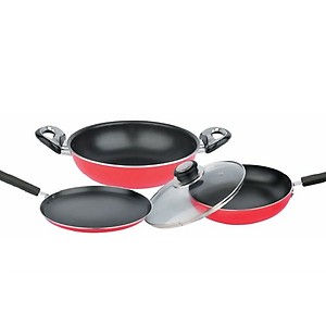 BALTRA Induction Base Non-Stick Cookware Set 4 Pieces (1-Piece Non-Stick Kadhai (26cm) with Lid, 1-Piece Non-Stick Fry Pan (24cm), 1-Piece Non-Stick Dosa Tawa (24cm)) Red (BTN-211) price in India.