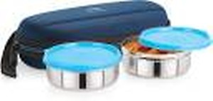 Cello Super Stainless Steel 2 Containers Lunch Box with Spoon And Fork Combo- Sky Blue price in India.