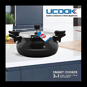 UCOOK By UNITED Ekta Engg. Smart 3 in 1 Hard Anodised Induction Base 5 Litre Handi Shape Multipurpose/All in one Outer Lid Pressure Cooker with Strainer and Glass Lid, Black price in India.
