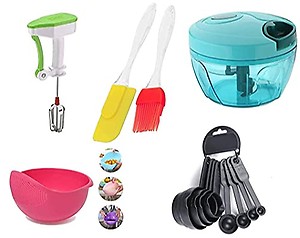 DIVINE HUBHandy Vegetable Plastic Chopper + Power Free Manual Hand Blender and Beater for Kitchen + Rice Bowl + 8pcs Measuring Cup and Spoon Set + Silicone Spatula & Oil Brush Set Combo (Multi colour) price in India.