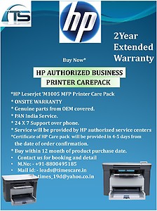 HP Extended Warranty 10000 - 14000 ,Leserjet 'M1005 MFP Printer Care Pack Multi-function Color Laser Printer(Toner Cartridge) price in India.