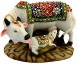Dinine Craft Marbel Cow and Calf Statue for Home Decor Decorative Showpiece - 8.5 cm  (Polyresin, Multicolor)