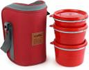 CELLO Maxfresh Hot Wave Stainless Steel 3 Container Lunch Box 225ml, 375ml and 550ml, Red | Outer Plastic and Inner Steel Lunch Box | Tiffin Box with Jacket | Ideal for College, Office price in India.