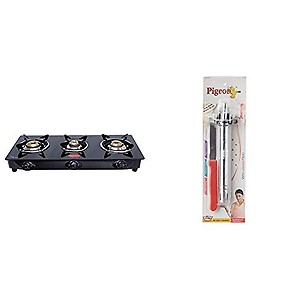 Pigeon by Stovekraft Aster 3 Burner Gas Stove with High Powered Brass Burner Gas Cooktop, Cooktop with Glass Top and Powder Coated Body, Black, Manual Ignition, Standard (14267) price in India.
