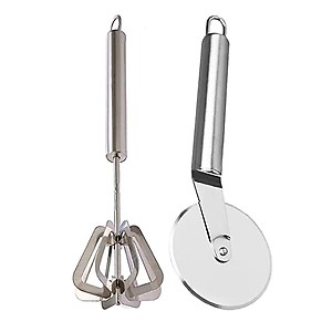 JISUN Stainless Steel Hand Blender/Mathani & Pizza Cutter Silver Kitchen Tool Set price in India.