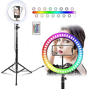 SKY BUYER 12" Selfie Ring Light with 55" Extendable Tripod Stand with Remote & Flexible Phone Holder for Live Stream/Makeup, Desktop Led Camera Ringlight price in India.
