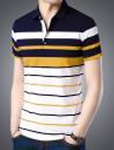 Men Striped Polo Neck White, Blue, Yellow T-Shirt