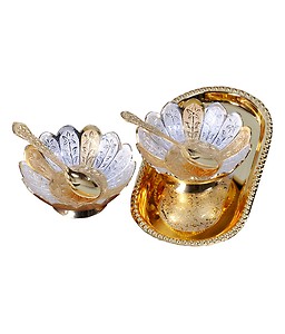 Rangsthali New Designer Elegant Gold & Silver Plated Bowl with Spoon and Tray Set price in India.