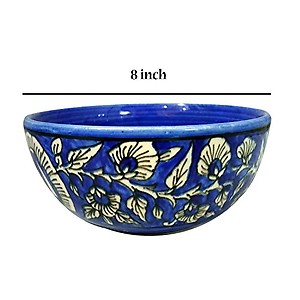 India Meets India Handmade and Hand Decorated Crafted Khurja Pottery Ceramic Multi Purpose Serving and Storage Bowl, 4x8 Inch, Blue price in India.