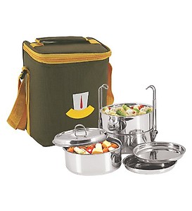 Nanonine Clip-on Double Wall Insulated Stainless Steel Lunch Box with Bag, 350 Ml, 3 Pc, Olive Green price in India.