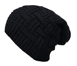 Beanie Cap for Men Women Skull Slouchy Winter Woolen Knitted Black Inside Fur Cap (Black)