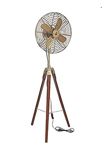 Handmade Floor Fan Brass Antique Royal Navy Fan With Brown Wooden Tripod Stand(14X33X52 INCH) price in India.