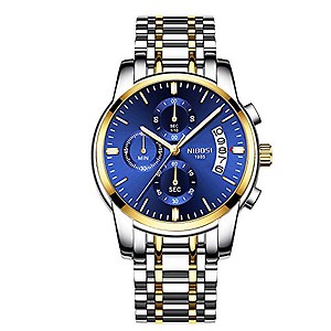 NIBOSI Men's Watches Luxury Fashion Casual Dress Chronograph Waterproof Military Quartz Wristwatches for Men Stainless Steel Band (Gold Blue)