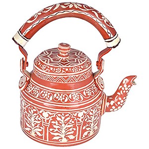 Kaushalam Hand Painted Tea Kettle Indian Traditional Tea Pot Decorative Kettle for Home Décor Handicraft Kettle for Table Top Café Décor, Red, 1000ml price in India.