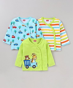 Babyhug 100% Cotton Full Sleeves Vests Car Print Pack of 3 - Green Blue Freeoffer