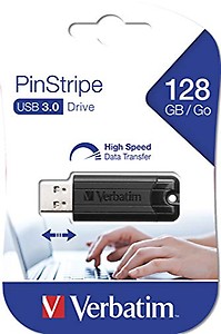 Verbatim 66777 Pinstripe Microban Anti Microbial 128GB USB 3.2 Flash Pen Drive | Data Storage & Back Up | Photos, Movie, Songs, Music, Data, Audio | Compatible with PC, Laptop, Music System (Black) price in India.
