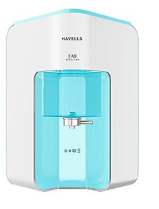Havells Fab Alkaline Water Purifier (White & Sky Blue), RO+UV+Alkaline, Filter Alert, Copper+Zinc+Minerals, 7 Stage Purification, 7L Tank, Suitable for Borwell, Tanker & Municipal Water price in India.