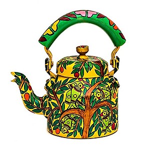 Kaushalam Hand Painted Tea Kettle Indian Traditional Tea Pot Yellow Decorative Kettle for Home Décor Handicraft Kettle for Table Top Café Décor, 750ml price in India.