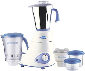 Preethi Platinum MG-153 mixer grinder, 550 watt, 3 jars includes Super Extractor juicer Jar with 2 Air-Tight Containers (White/Blue) price in India.