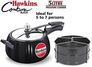 HAWKINS Aluminum Contura Black Hard Anodised Inner Lid Pressure Cooker 5 litres with Hard Anodised 2 Dish Set Separator (Silver) price in India.