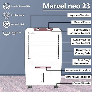 Crompton Marvel Neo 23 Litre Personal Air Cooler for home | Inverter Compatible | Honeycomb pads | 4-way Air Deflection | Ice Chamber | Everlast Pump price in India.