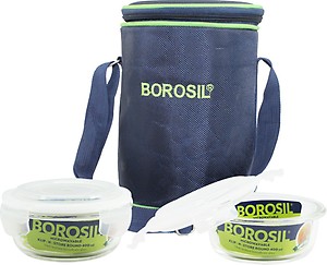 Borosil Klip n Store Lunchbox with Bag | Set of 3 (400 ml Each) | Borosilicate Glass, Round, Vertical | Microwave & Dishwasher Safe, Leak Proof | Tiffin for Office, School, College | Blue price in India.