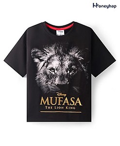 HoneyHap Disney Terry Knit Half Drop Shoulder Sleeves T-Shirt With Mufasa Print & Text Foil Print - Black Freeoffer