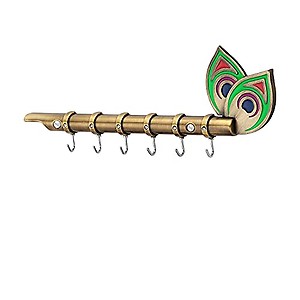 ALCOTT Zinc Krishna Flute and Peacock Quills Key Stand 6 Pin Key Holder, Antique