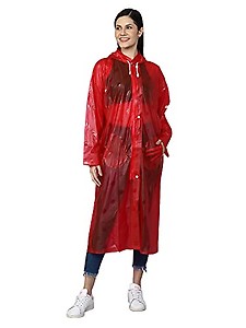THE CLOWNFISH Cindrella Series Womens Waterproof PVC Self Design Longcoat/Raincoat with Adjustable Hood (Red, X-Large)