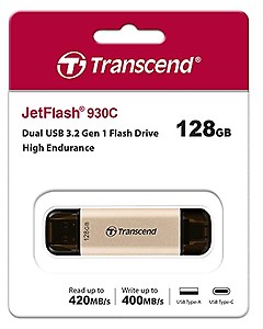 Transcend JetFlash 930C 128GB USB Type C 3.2 Gen 1 (USB 5Gbps) Flash Drive, High Performance & High Endurance Pen Drive, Read/Write - up to 420 MB/s & 400 MB/s, 5 Yrs. Warranty, Gold (TS128GJF930C) price in India.